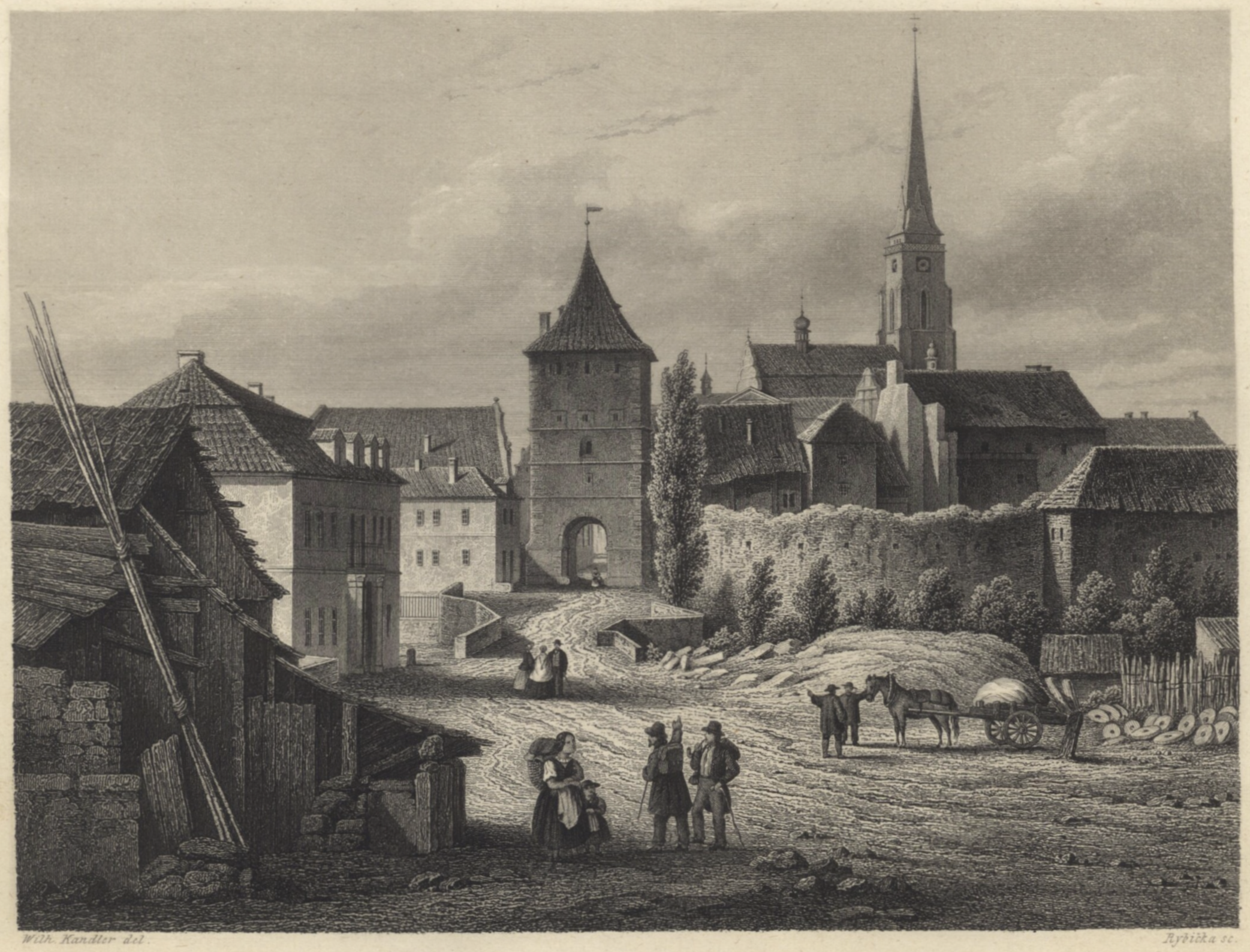 Vnější strana Saské brány na obraze Viléma Kandlera (kniha Starožitnosti a Památky země České, 1865)